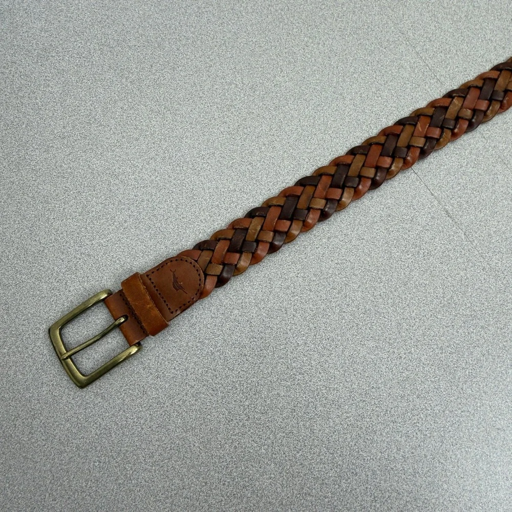 Tommy Bahama Belt Mens XL Brown Braided Leather Adjustable Brass Buckle Casual